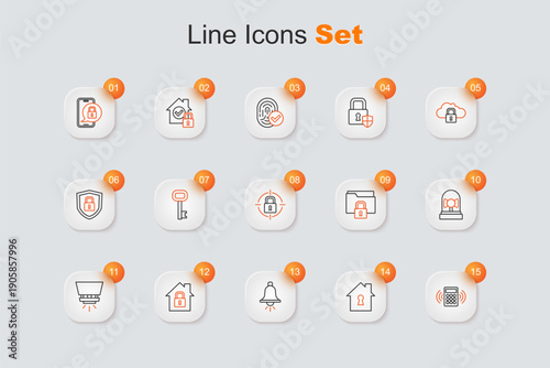 Set line Security keypad access panel, House under protection, Ringing alarm bell, Fire sprinkler system, Folder and lock and Lock icon. Vector