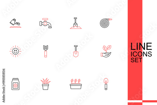 Set line Garden trowel spade or shovel, Plant in pot, Pack full of seeds, Leaf hand, Shovel, pitchfork and Sun icon. Vector