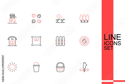 Set line Rooster weather vane, Wicker basket, Bucket, Sun, Stop colorado beetle, Garden fence wooden, Pack full of seeds and Farm house icon. Vector