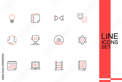 Set line Book with mathematics, Abacus, Laptop, School timetable, Molecule, CD or DVD disk, Award cup and Earth globe icon. Vector