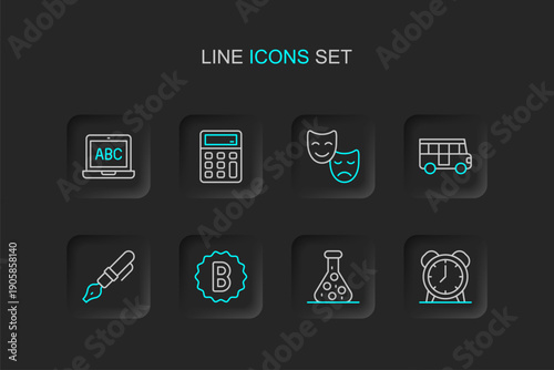 Set line Alarm clock, Test tube, Exam paper with incorrect answers, Fountain pen nib, School Bus, Comedy and tragedy masks, Calculator and Laptop icon. Vector