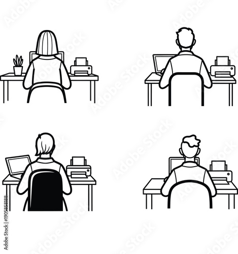 Four people working on computers at desks with printers.