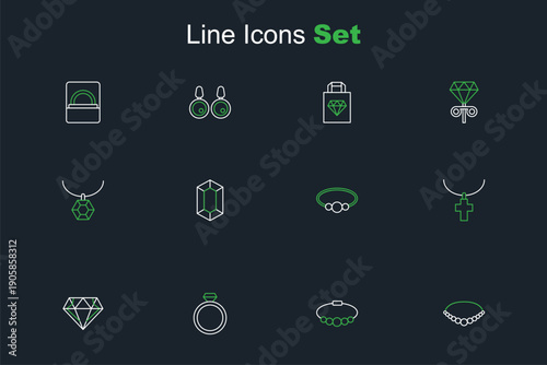 Set line Pearl necklace, Bracelet jewelry, Diamond engagement ring, Christian cross chain, Gem stone and Pendant icon. Vector