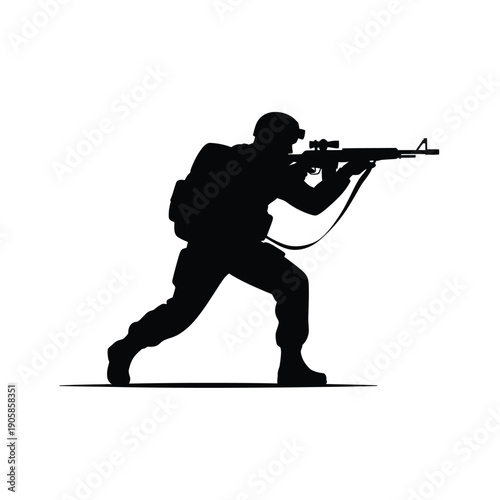 Silhouette of a soldier aiming a rifle in a dynamic pose