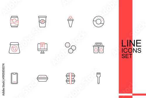 Set line Fork, Lunch box, Food ordering on mobile, Coffee cup to go, Cookie biscuit, Online food and icon. Vector