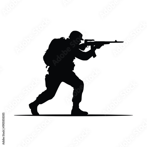 Silhouette of a soldier aiming a rifle in a combat stance
