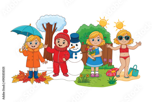 Children illustration representing four seasons with snowman and friends