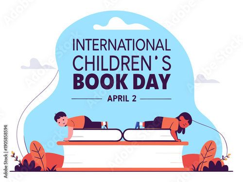 International Childrens Book Day illustration with kids on a large book  celebration concept