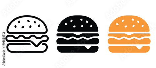 Variations of a hamburger icon in outline, solid black, and orange color styles, vector food symbols for fast food, restaurant menus, digital design, and  projects.