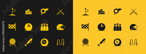 Set Fencing, Baseball bat with ball, Bowling pin, Billiard pool snooker, Whistle, Flag and Award over sports winner podium icon. Vector