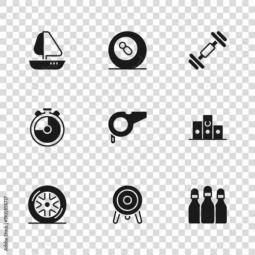 Set Target sport, Award over sports winner podium, Bowling pin, Whistle, Dumbbell, Yacht sailboat, Billiard pool snooker ball and Stopwatch icon. Vector