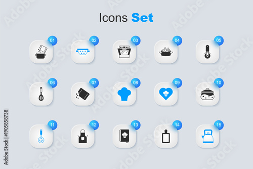 Set Cutting board, Packet of pepper, Kitchen colander, Spatula, Kettle with handle, Cooking pot, spice and Chef hat icon. Vector