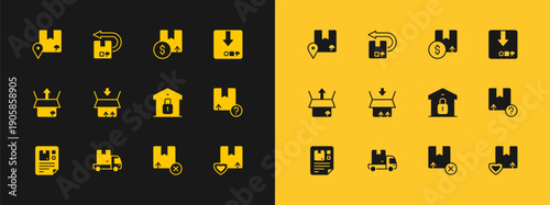 Set Carton cardboard box, Delivery cargo truck, Closed warehouse, Location with and Return icon. Vector