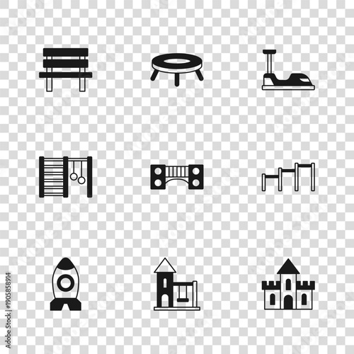 Set Swing for kids, Sport horizontal bar, Sand castle, Playground bridge, Bumper car, Bench, Jumping trampoline and Swedish wall icon. Vector