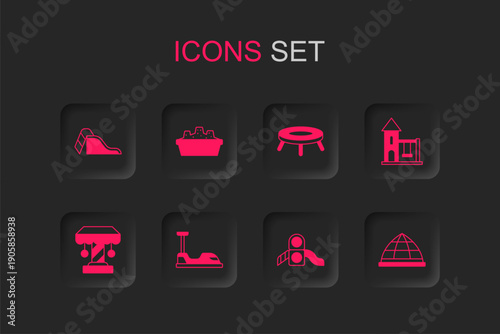 Set Bumper car, Sandbox with sand, Slide playground, Swing for kids, Playground climbing equipment, Jumping trampoline and Attraction carousel icon. Vector