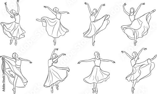 Black and white line of eight ballet dancers in various poses line black and white dancing movement
