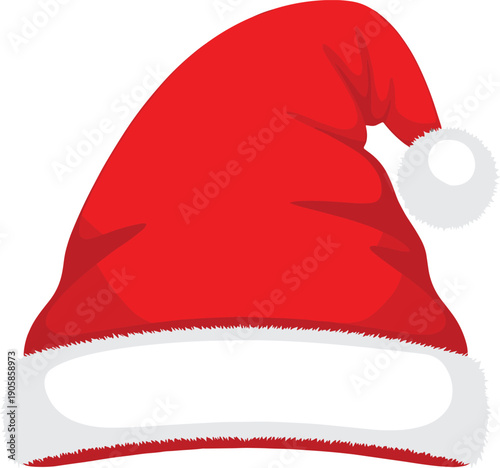 Classic Red Santa Claus Hat Vector Illustration with White Fur Trim and Pom-pom for Christmas Holiday Decorations, Winter Festive Branding, and Seasonal Party Invitations