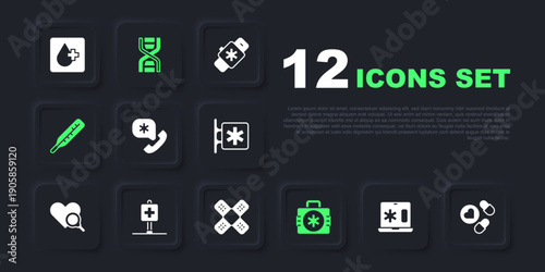 Set Clinical record on laptop, Medicine pill tablet, Emergency call 911, First aid kit, Medical thermometer, Location hospital, DNA symbol and Crossed bandage plaster icon. Vector