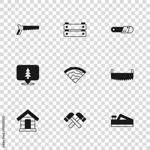 Set Crossed hammer, Two-handed saw, Wood plane tool, Wooden beam, Chainsaw, Hand, box and Location of the forest icon. Vector