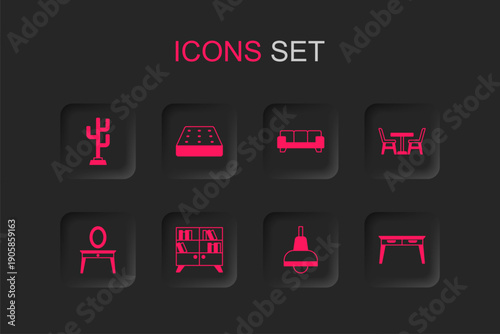 Set Library bookshelf, Mattress, Coat stand, Lamp hanging, Table with chair, Office desk, Sofa and Dressing table icon. Vector