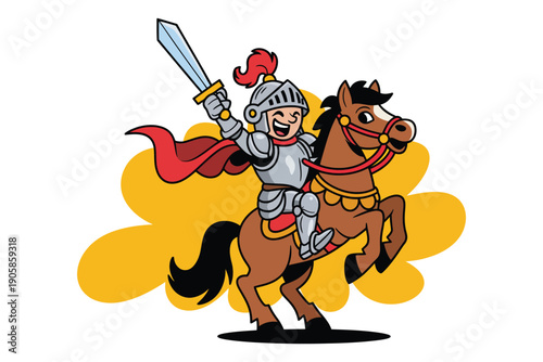 Joyful cartoon knight in shining armor rides a horse with sword raised high