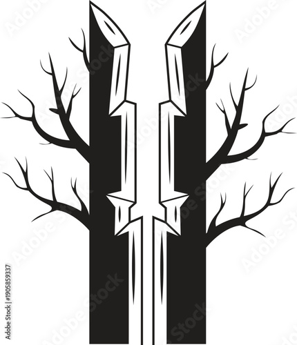 A black and white image of two trees with a crack