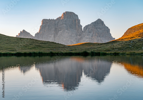 Konstfotografi Monte Pelmo reflected on calm Lago delle Baste in Mondeval, Dolomites, Italy