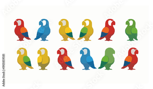 Colorful tropical parrot cartoon vector set with standing bird characters isolated on white background