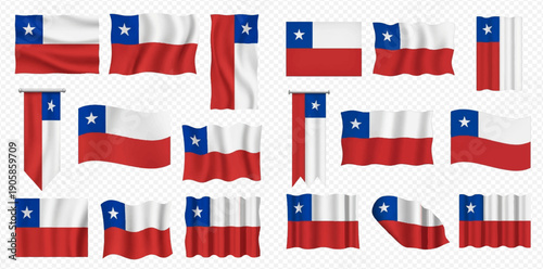 Set of Chilean flags in various waving positions and shapes, isolated on a transparent background, symbolizing national pride and identity.
