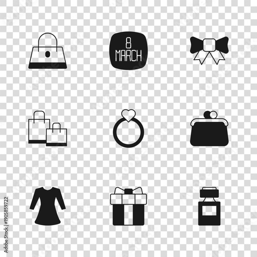Set Gift box and heart, Handbag, Perfume, Diamond engagement ring, bow, 8 March and Paper shopping icon. Vector