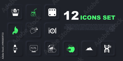 Set Salt, No GMO, Finger blood, Apple and measuring tape, Human stomach health, Kcal, Fresh smoothie and Diet plan icon. Vector