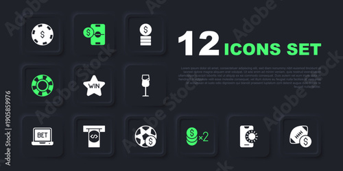 Set Online sports betting, American football money, Casino win, chip with dollar, chips, Automated teller machine and, Football and icon. Vector