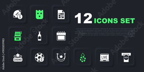 Set Online poker table game, Automated teller machine and money, Bottle of wine, Casino chips, Slot, Football betting, Lottery ticket and Horseshoe icon. Vector