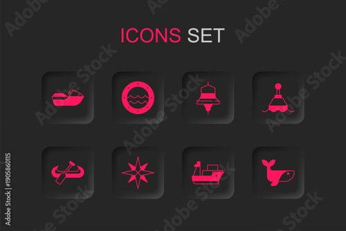 Set Wind rose, Ship porthole, Jet ski, Cargo ship, Floating buoy, Whale, bell and Kayak and paddle icon. Vector