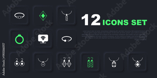 Set Pendant on necklace, Diamond, Earrings, engagement, Locket, Gem stone and icon. Vector