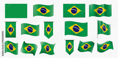 Set of Brazil flags in various shapes and waving styles, patriotic symbols.