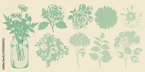 A vintage style illustration of various flowers in a glass jar