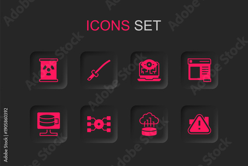 Set Neural network, Katana, Radioactive waste in barrel, Network cloud connection, Browser window, Exclamation mark triangle, Computer vision and Cloud database icon. Vector