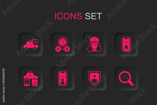 Set Taxi driver license, waiting time, car insurance, Life with shield, Infographic of city map, Search taxi, and service rating icon. Vector