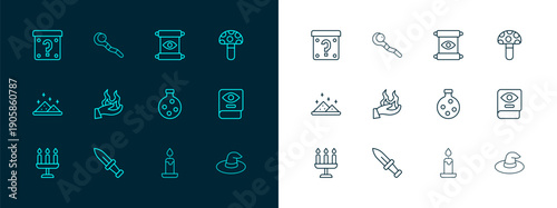 Set line Psilocybin mushroom, Dagger, Bottle with potion, Burning candle, Hand holding fire, Magic scroll, Mystery box and staff icon. Vector