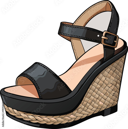 A pair of black wedge sandals is the main subject, presented on a transparent background. The sandals are crafted with black leather straps and a tan, braided espadrille wedge heel. One sandal is slig