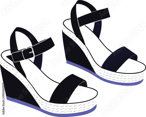 A pair of black wedge sandals is the main subject, presented on a transparent background. The sandals are crafted with black leather straps and a tan, braided espadrille wedge heel. One sandal is slig