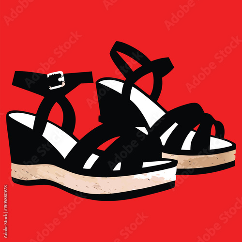 A pair of black wedge sandals is the main subject, presented on a transparent background. The sandals are crafted with black leather straps and a tan, braided espadrille wedge heel. One sandal is slig