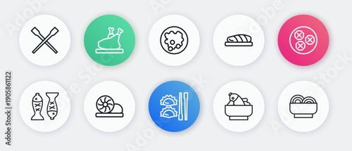 Set line Dumpling with chopsticks, Wonton, Served fish a plate, Rice bowl, Fish steak, Asian noodles and Xiao long bao icon. Vector