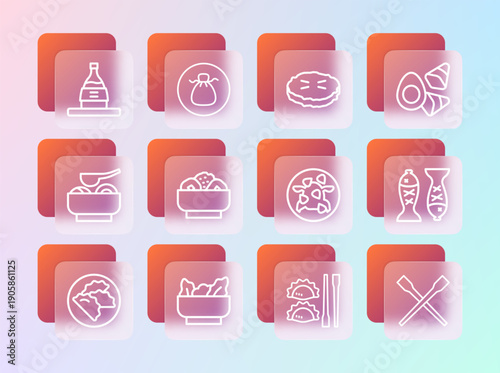 Set line Chicken egg with vegerables, Wonton, Kung Pao chicken, Dumpling chopsticks, Chow mein plate, Homemade pie, Bottle of sake and icon. Vector