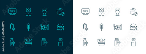 Set line Intestines, Shopping bag and food, Vegan diet, Lactose intolerance, Wheat, Kcal, and Metabolism icon. Vector