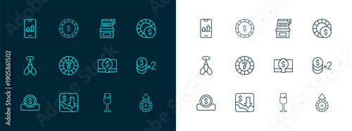 Set line Casino chips, Financial growth decrease, Stacks paper money cash, Wine glass, Slot machine, Online sports betting and with dollar icon. Vector