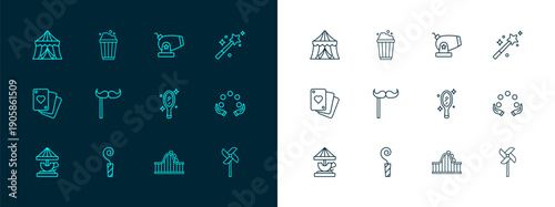 Set line Magic wand, Birthday party horn, hand mirror, Roller coaster, Paper mustache on stick, Cannon, Circus tent and Popcorn in cardboard box icon. Vector
