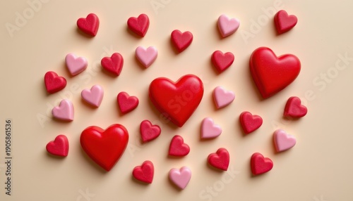 Colorful Hearts Arrangement in Various Sizes Against a Soft Neutral Background