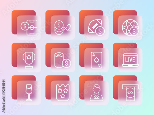 Set line Football betting money, Lottery ticket, Playing card with spades symbol, Casino dealer, chip dollar, American football, and icon. Vector